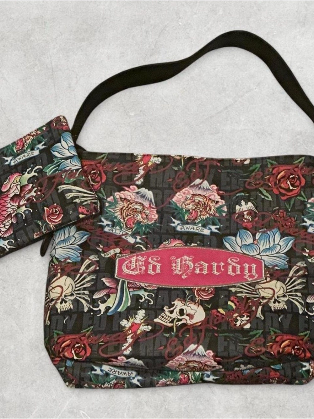 Ed Hardy Black Floral & Tattoo Print Shoulder Bag with Pink Logo Patch